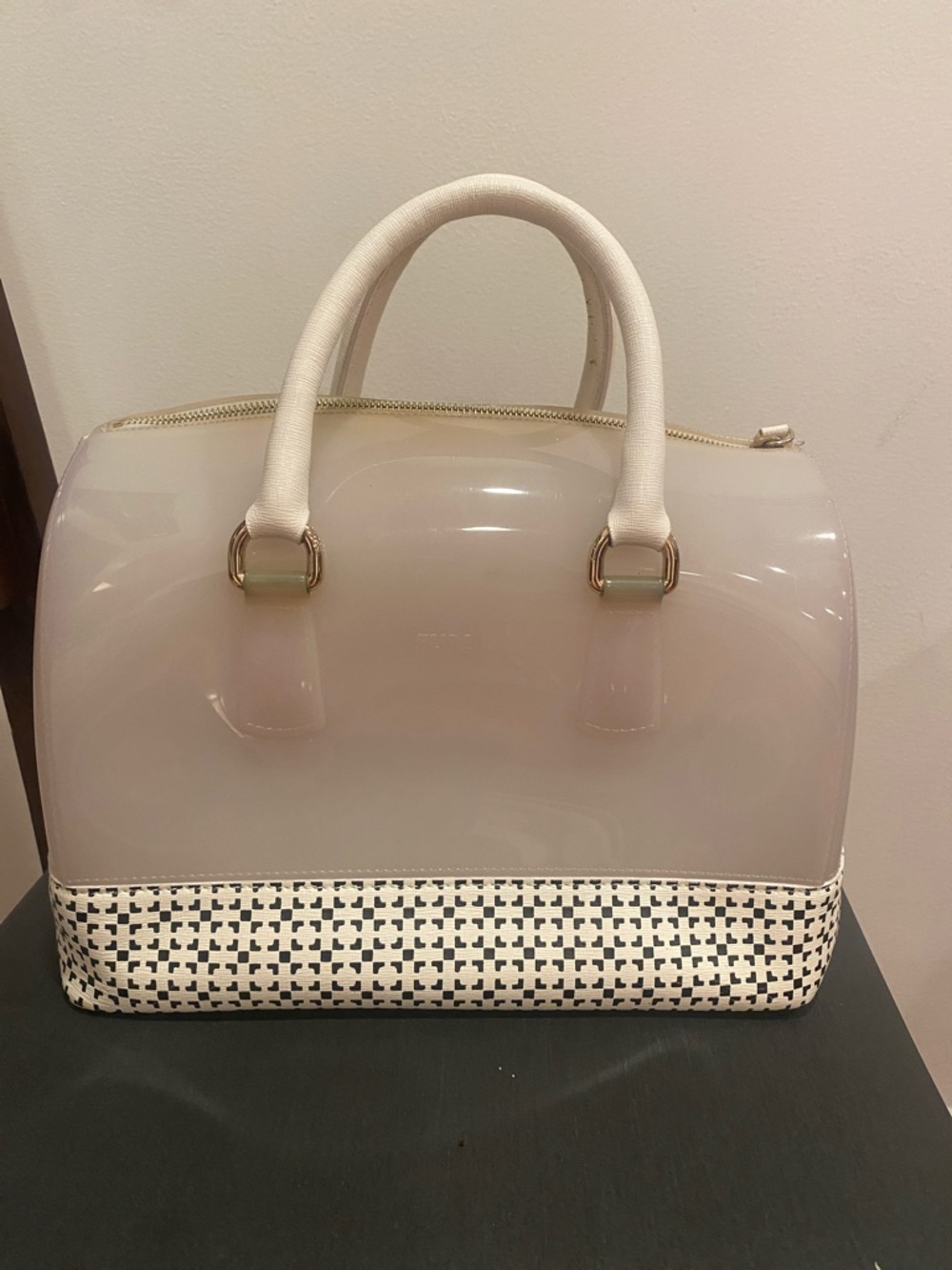 Furla Glossy Cream Dome Satchel with Woven Trim